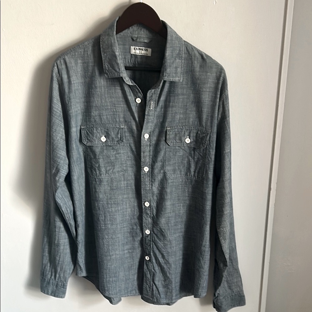 Express Men’s Blue Chambray Casual Button Down Long Sleeve Shirt - Picture 7 of 7